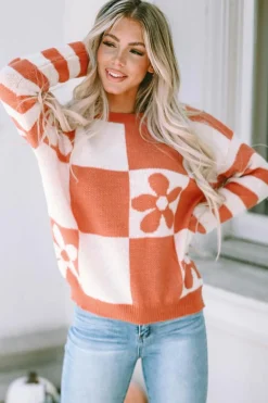 Online Dear-Lover Checkered Floral Print Striped Sleeve Sweater Brown