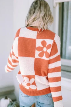Online Dear-Lover Checkered Floral Print Striped Sleeve Sweater Brown