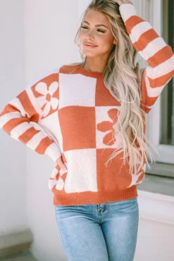 Online Dear-Lover Checkered Floral Print Striped Sleeve Sweater Brown