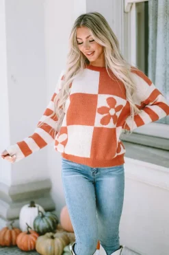 Online Dear-Lover Checkered Floral Print Striped Sleeve Sweater Brown
