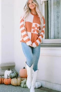 Online Dear-Lover Checkered Floral Print Striped Sleeve Sweater Brown