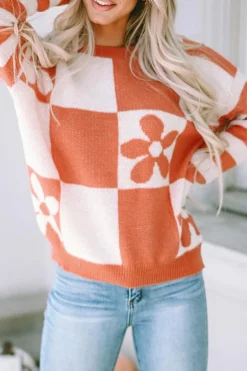 Online Dear-Lover Checkered Floral Print Striped Sleeve Sweater Brown