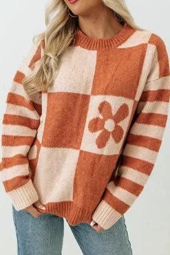 Online Dear-Lover Checkered Floral Print Striped Sleeve Sweater Brown