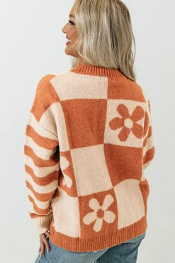 Online Dear-Lover Checkered Floral Print Striped Sleeve Sweater Brown