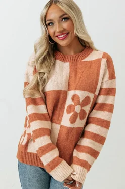 Online Dear-Lover Checkered Floral Print Striped Sleeve Sweater Brown