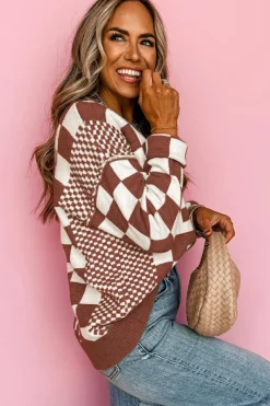 Discount Dear-Lover Checkered Print Drop Shoulder Round Neck Sweater Brown