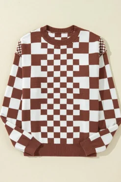 Discount Dear-Lover Checkered Print Drop Shoulder Round Neck Sweater Brown