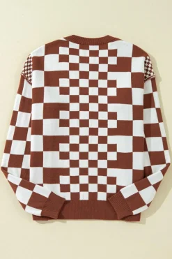 Discount Dear-Lover Checkered Print Drop Shoulder Round Neck Sweater Brown