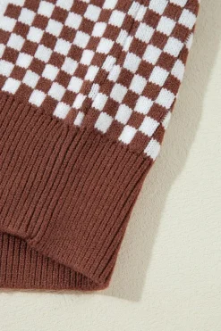 Discount Dear-Lover Checkered Print Drop Shoulder Round Neck Sweater Brown