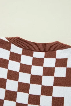 Discount Dear-Lover Checkered Print Drop Shoulder Round Neck Sweater Brown