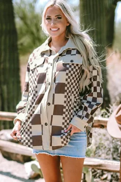 Discount Dear-Lover Checkered Print Patchwork Corduroy Shacket Brown