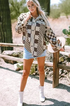 Discount Dear-Lover Checkered Print Patchwork Corduroy Shacket Brown