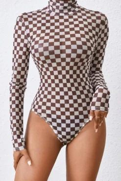 New Dear-Lover Checkered Printed Long Sleeve High Neck Bodysuit Brown
