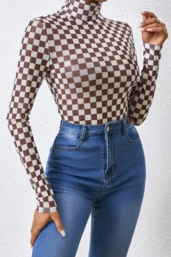 New Dear-Lover Checkered Printed Long Sleeve High Neck Bodysuit Brown