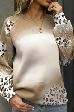 Online Dear-Lover Cheetah Print Round Neck Raglan Sleeve Sweatshirt Brown
