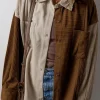 Clearance Dear-Lover Color Block Chest Pockets Buttoned Corduroy Shacket Brown