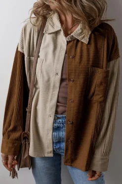 Clearance Dear-Lover Color Block Chest Pockets Buttoned Corduroy Shacket Brown
