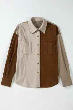 Clearance Dear-Lover Color Block Chest Pockets Buttoned Corduroy Shacket Brown
