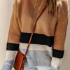 Clearance Dear-Lover Color Block Striped Ribbed Knit Sweater Brown