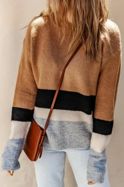 Clearance Dear-Lover Color Block Striped Ribbed Knit Sweater Brown