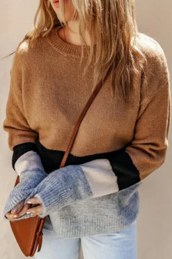 Clearance Dear-Lover Color Block Striped Ribbed Knit Sweater Brown