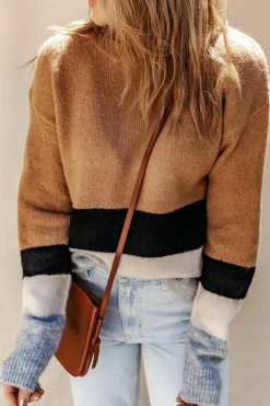 Clearance Dear-Lover Color Block Striped Ribbed Knit Sweater Brown