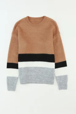 Clearance Dear-Lover Color Block Striped Ribbed Knit Sweater Brown