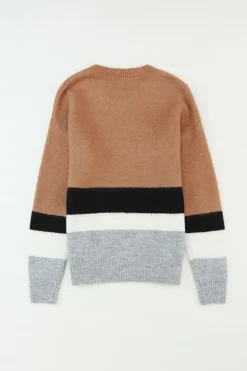 Clearance Dear-Lover Color Block Striped Ribbed Knit Sweater Brown