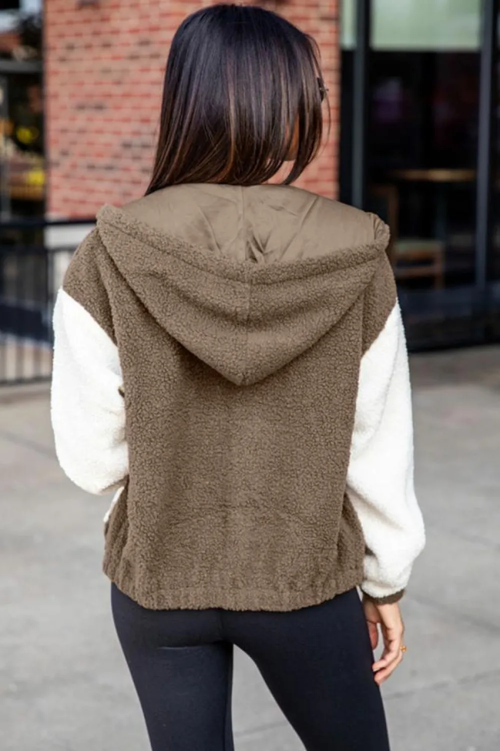 Online Dear-Lover Colorblock Hooded Zip-Up Pocketed Sherpa Jacket Brown