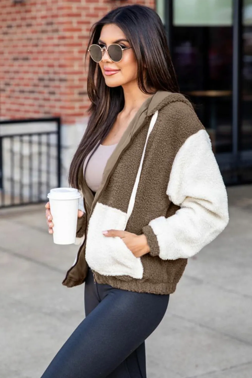 Online Dear-Lover Colorblock Hooded Zip-Up Pocketed Sherpa Jacket Brown