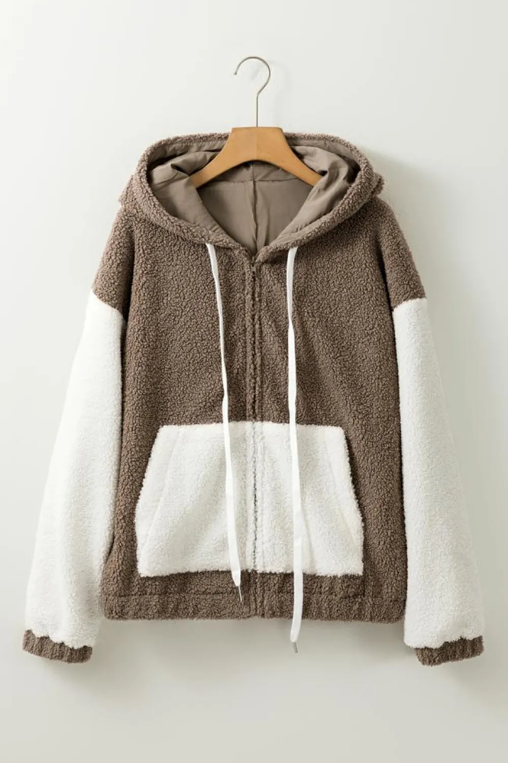 Online Dear-Lover Colorblock Hooded Zip-Up Pocketed Sherpa Jacket Brown