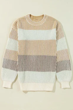 Outlet Dear-Lover Colorblock Textured Knit Bubble Sleeve Sweater Brown
