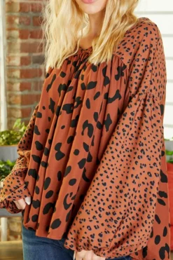 Fashion Dear-Lover Contrast Leopard Print Bubble Sleeve Blouse Brown