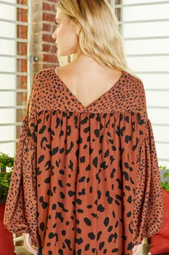Fashion Dear-Lover Contrast Leopard Print Bubble Sleeve Blouse Brown