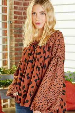 Fashion Dear-Lover Contrast Leopard Print Bubble Sleeve Blouse Brown
