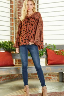 Fashion Dear-Lover Contrast Leopard Print Bubble Sleeve Blouse Brown