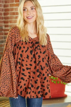 Fashion Dear-Lover Contrast Leopard Print Bubble Sleeve Blouse Brown