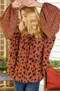 Fashion Dear-Lover Contrast Leopard Print Bubble Sleeve Blouse Brown
