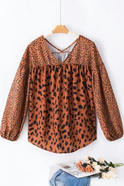 Fashion Dear-Lover Contrast Leopard Print Bubble Sleeve Blouse Brown