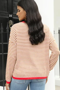 Online Dear-Lover Contrast Trimmed Striped Drop Shoulder Sweater Brown