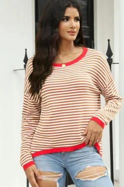 Online Dear-Lover Contrast Trimmed Striped Drop Shoulder Sweater Brown