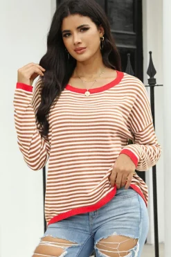 Online Dear-Lover Contrast Trimmed Striped Drop Shoulder Sweater Brown
