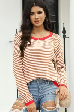 Online Dear-Lover Contrast Trimmed Striped Drop Shoulder Sweater Brown
