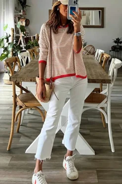 Online Dear-Lover Contrast Trimmed Striped Drop Shoulder Sweater Brown
