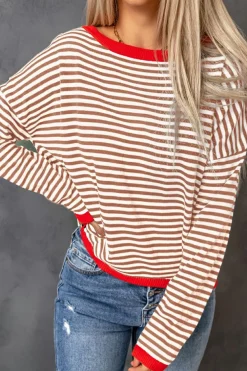 Online Dear-Lover Contrast Trimmed Striped Drop Shoulder Sweater Brown