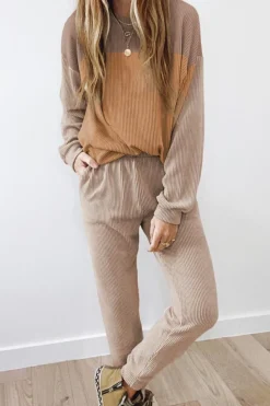 New Dear-Lover Corded 2pcs Colorblock Pullover and Pants Outfit Brown