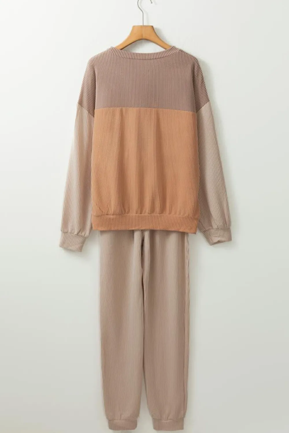 New Dear-Lover Corded 2pcs Colorblock Pullover and Pants Outfit Brown