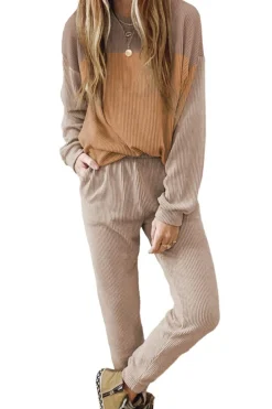 New Dear-Lover Corded 2pcs Colorblock Pullover and Pants Outfit Brown