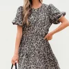 Fashion Dear-Lover Denim Leopard Printed Short Puff Sleeve Mini Dress Brown