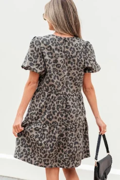 Fashion Dear-Lover Denim Leopard Printed Short Puff Sleeve Mini Dress Brown